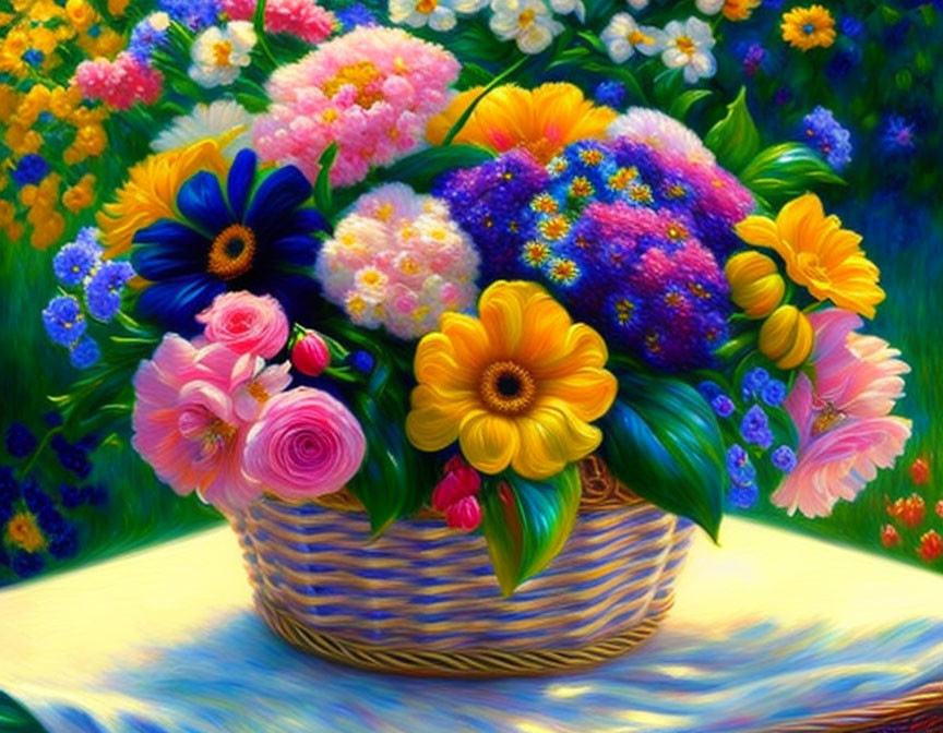 Colorful Flower Basket Painting on Floral Background