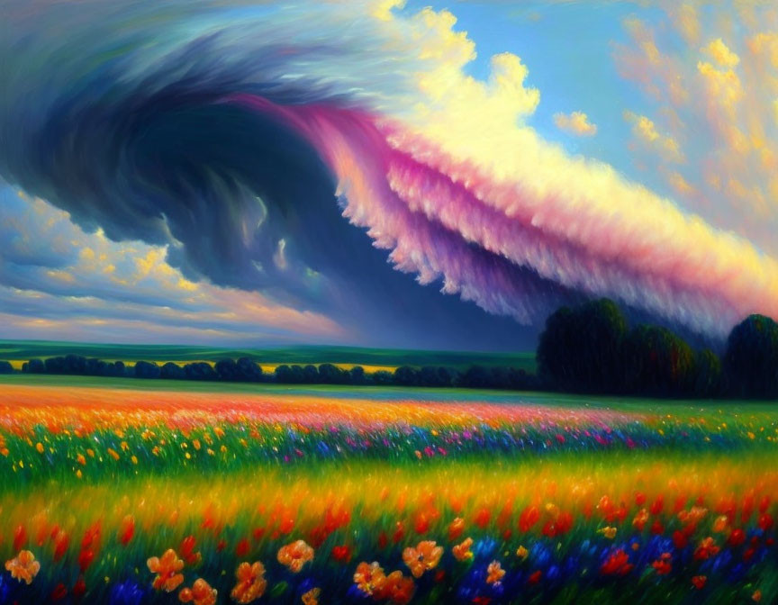 Colorful meadow painting with swirling sky - magical tornado theme