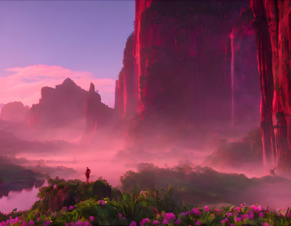 Mystical landscape with towering cliffs, waterfalls, river, pink fog, lush vegetation, and