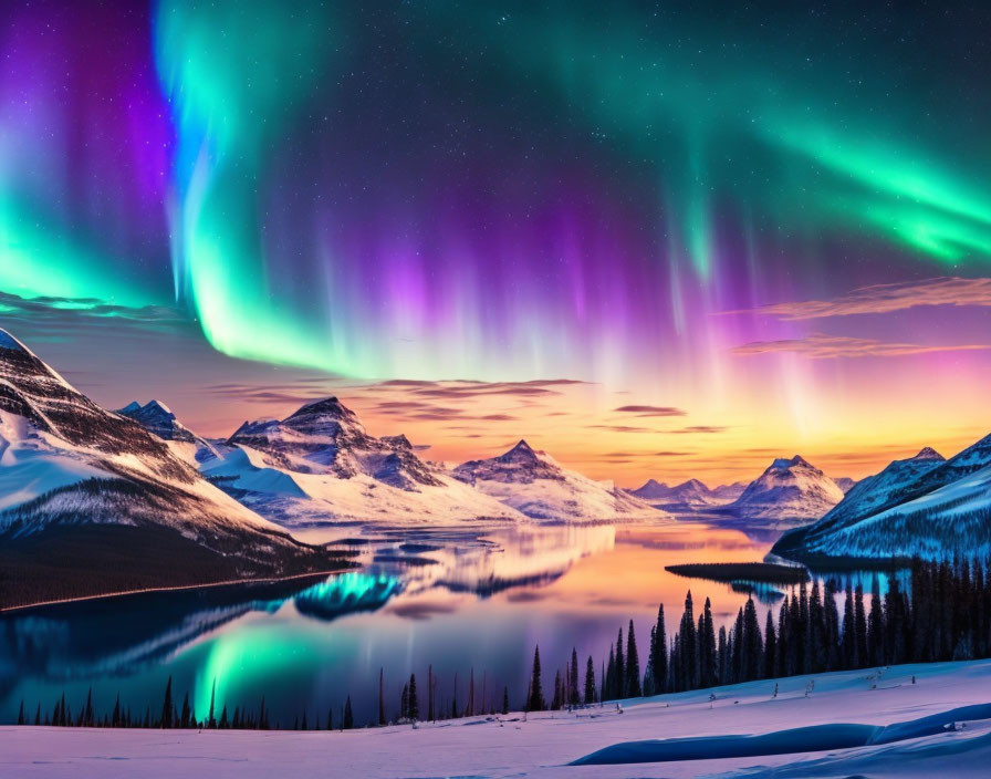 Spectacular Aurora Borealis Over Snowy Mountain Landscape