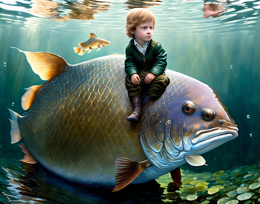 Child in green jacket rides giant fish in aquatic scene