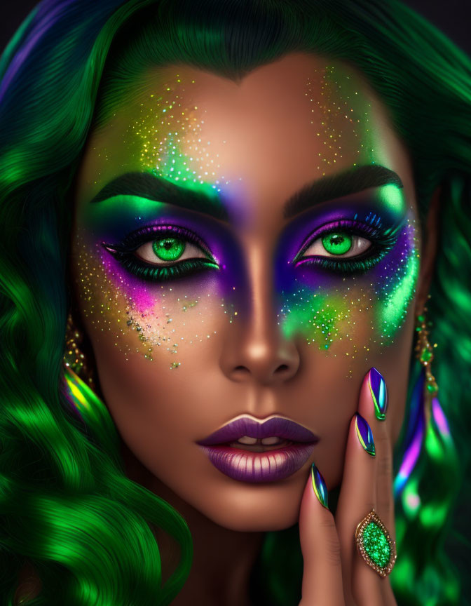 Vibrant green and purple makeup on woman with green wavy hair