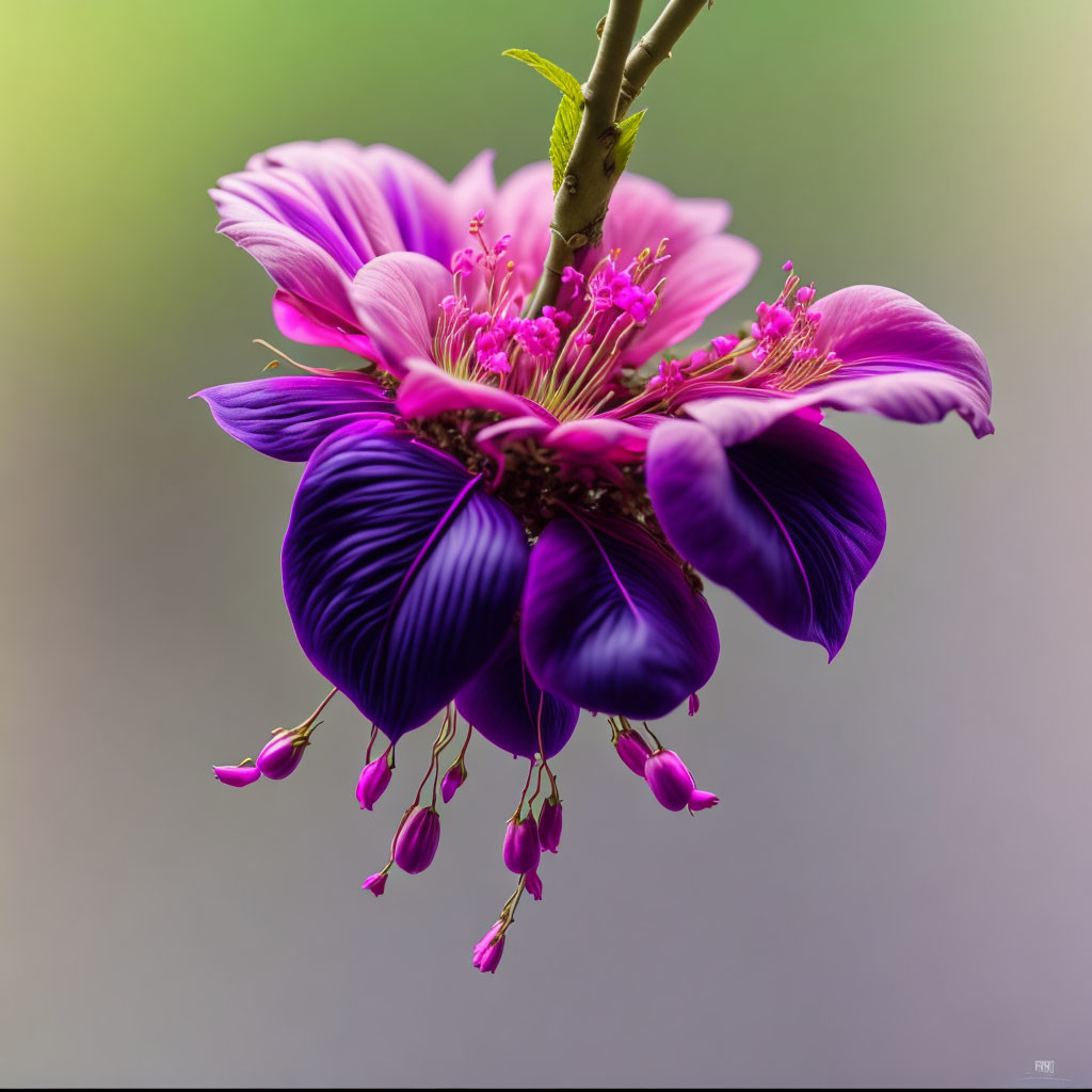 Vibrant purple and pink flower with delicate petals and prominent stamens on soft-focus green background