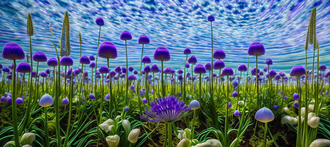 Colorful digital artwork: Imaginary field with purple flowers under blue sky