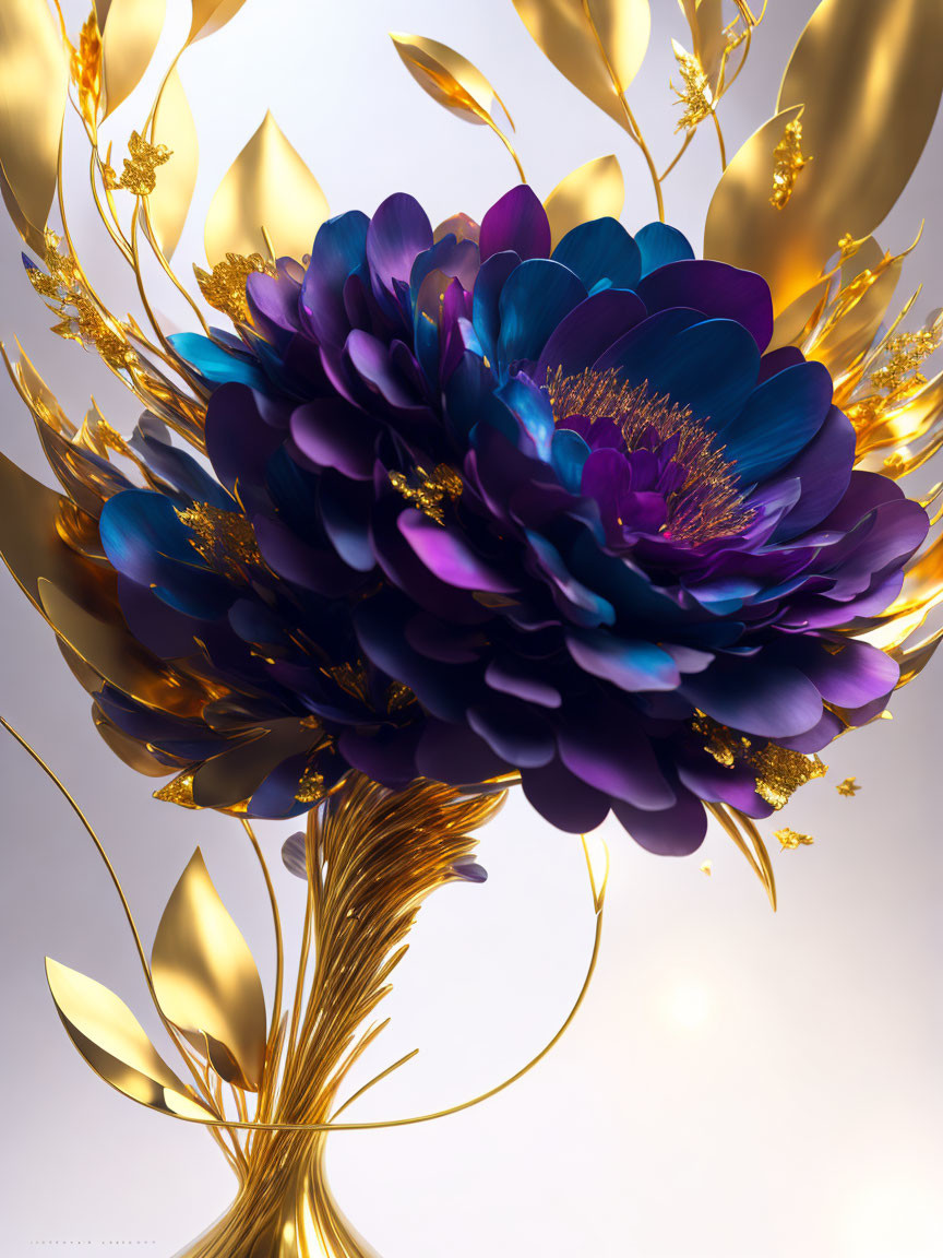 Stylized purple flower with gold accents on a neutral background