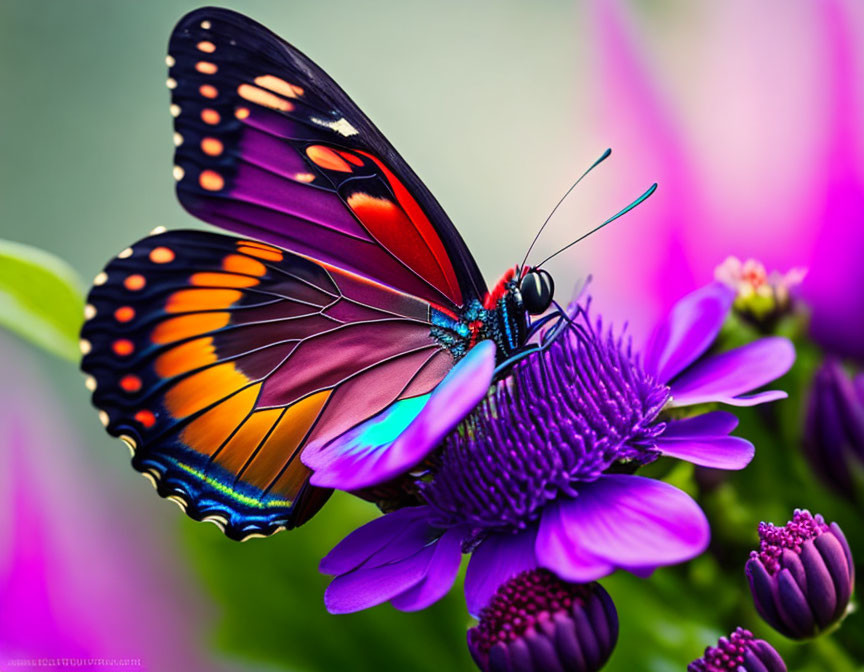 Colorful Butterfly Resting on Purple Flower with Soft-focus Background