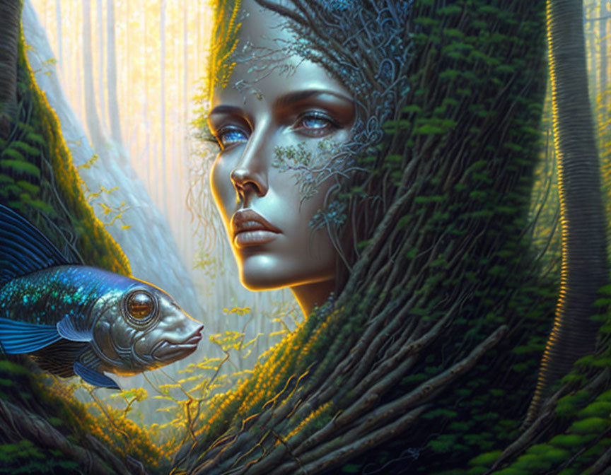 Ethereal woman's face merging with tree, adorned with foliage patterns, alongside brilliantly-scaled fish