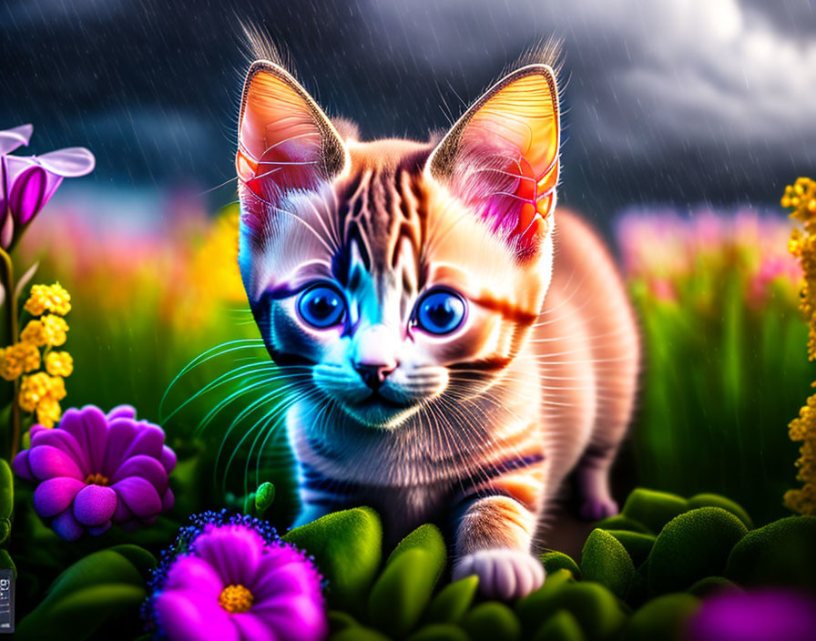 Colorful Digital Illustration: Oversized Kitten in Flower Field