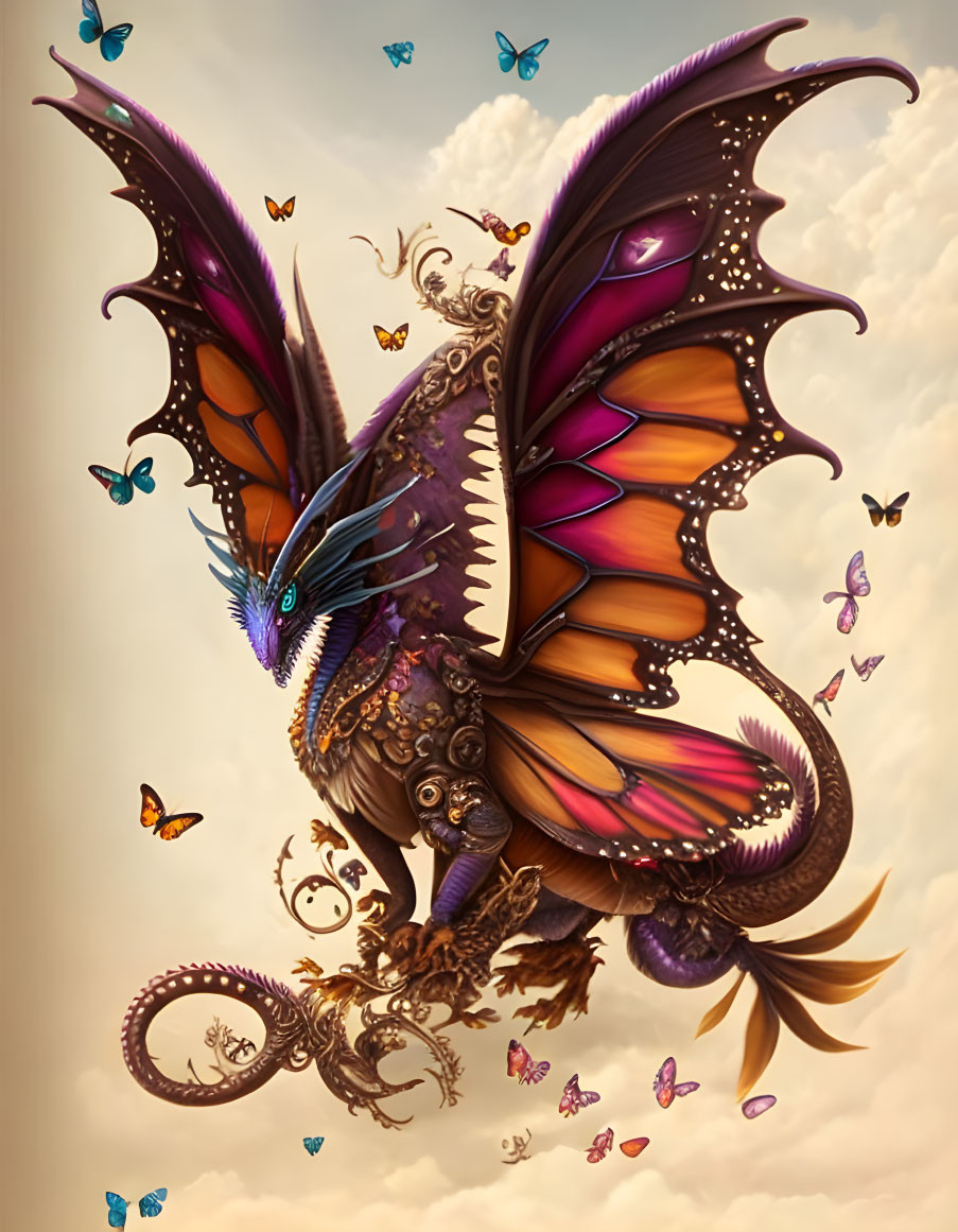 Majestic dragon with iridescent wings and butterflies in cloudy sky