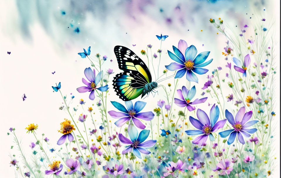 Colorful butterfly on blue flowers in serene field scene