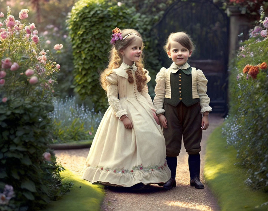 Vintage-dressed children on garden path with lush greenery and flowers