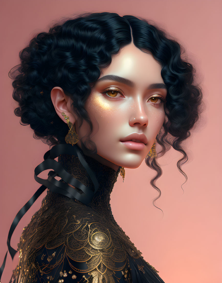 Digital artwork: Woman with curly black hair, golden glitter makeup, green eyes, ornate black &