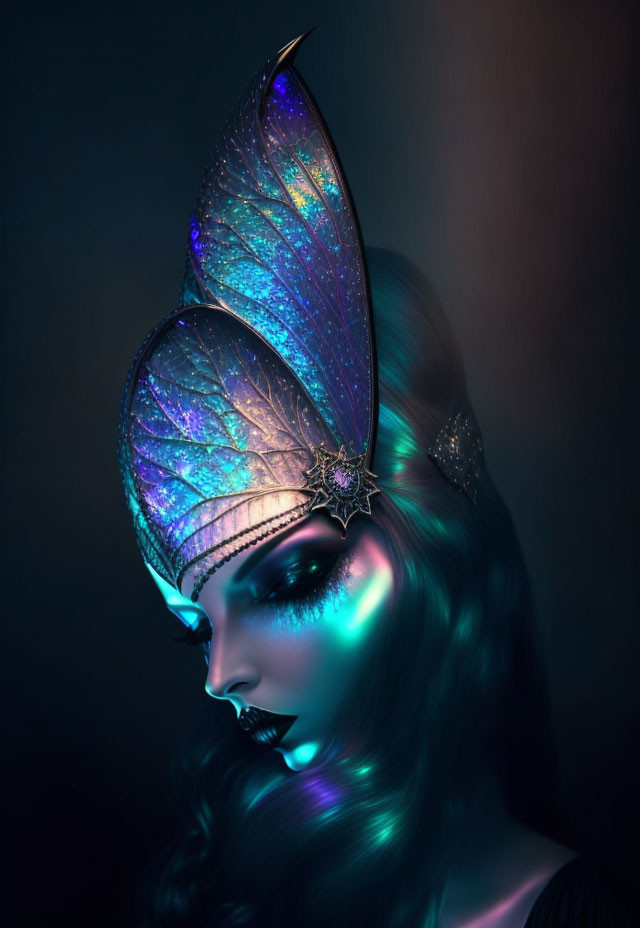 Woman with Butterfly Crown in Iridescent Lighting