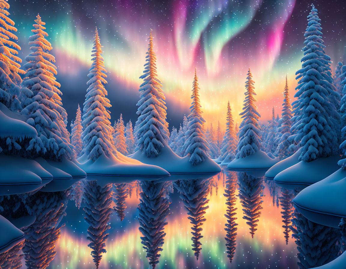 Northern lights illuminate wintry landscape with snow-covered pine trees and tranquil waters