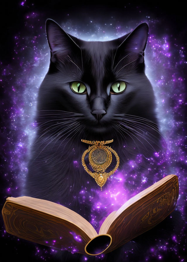 Black Cat with Green Eyes and Golden Pendant in Cosmic Setting with Mystical Book