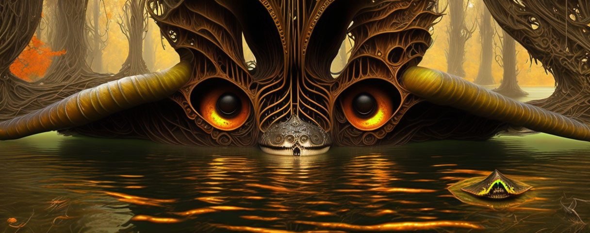 Digital artwork of creature with large eyes in forest-reflected water.