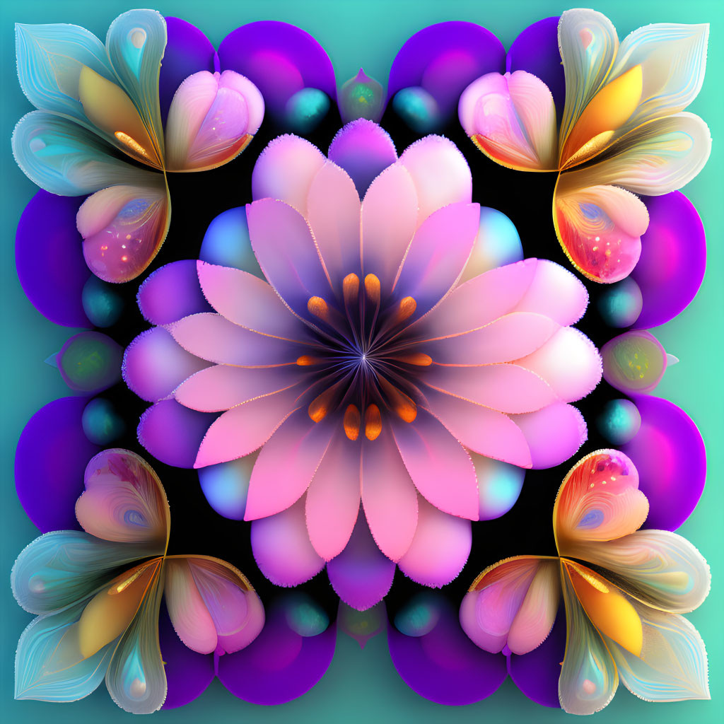 Symmetrical digital artwork: Pink and blue flower with orbs