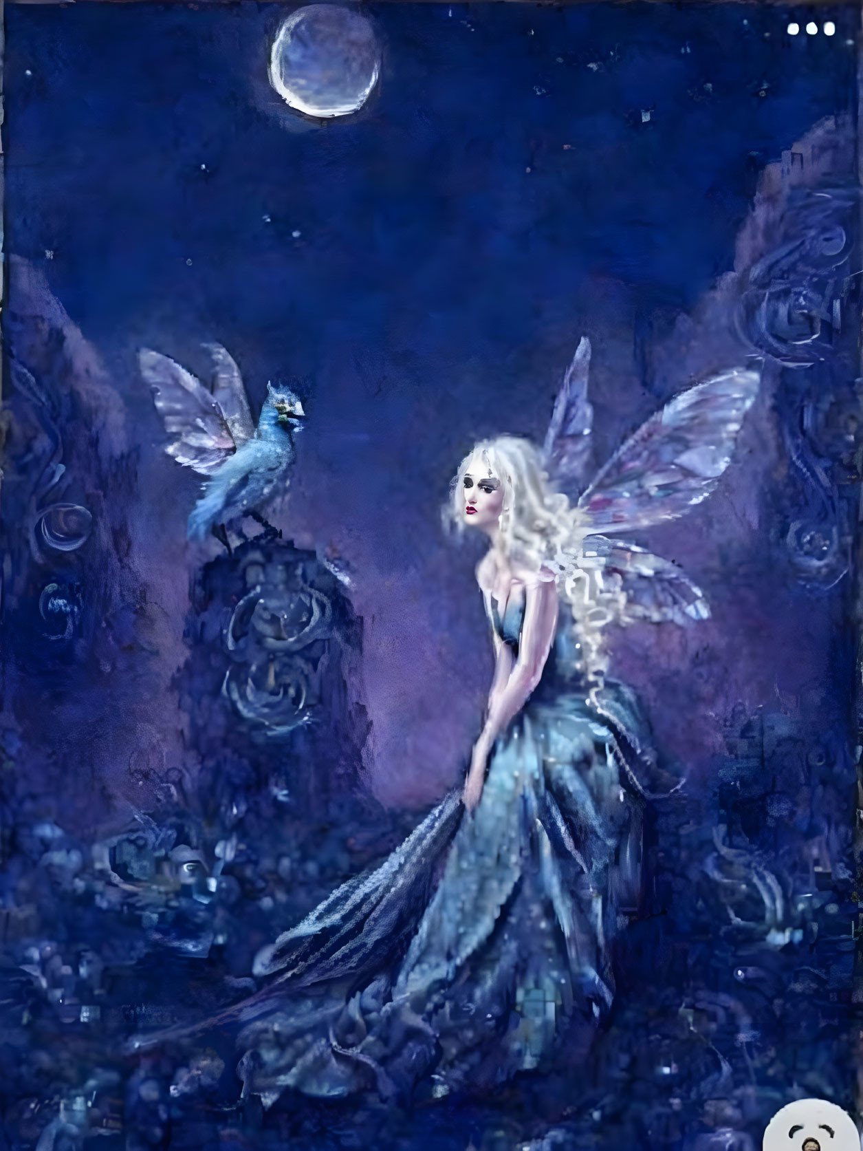 Enchanting fairy with translucent wings in moonlit rose-filled scene