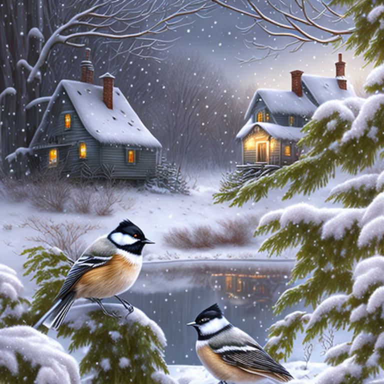 Snowy winter landscape with small birds, cozy cottages, and falling snowflakes