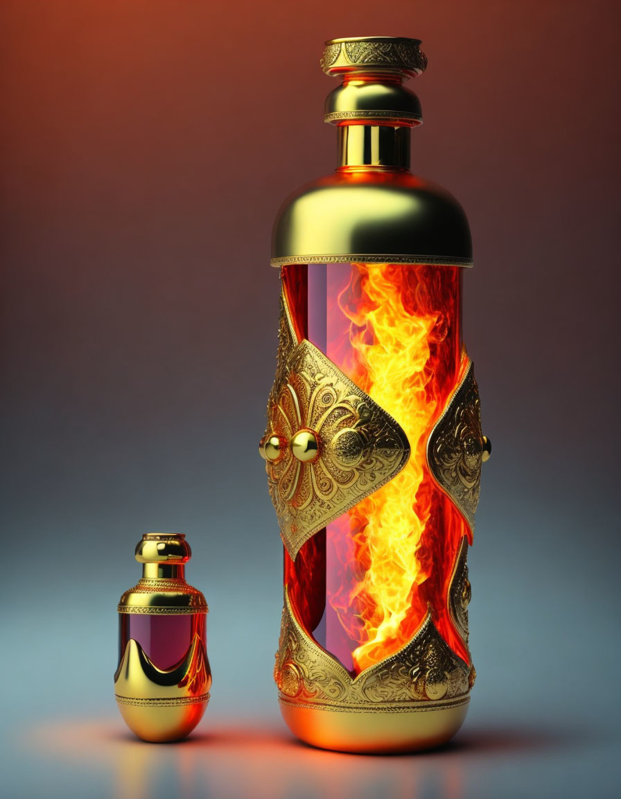 Ornate Bottles with Fiery Interior on Gradient Background