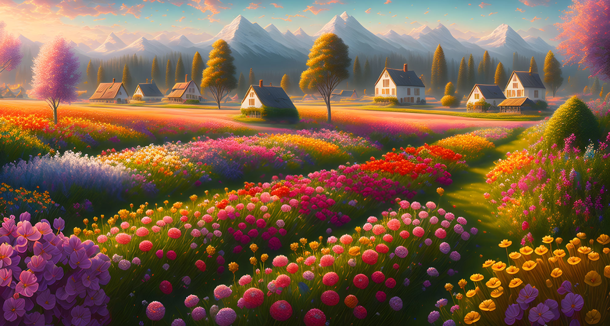 Scenic flower fields, houses, mountains, sunrise landscape