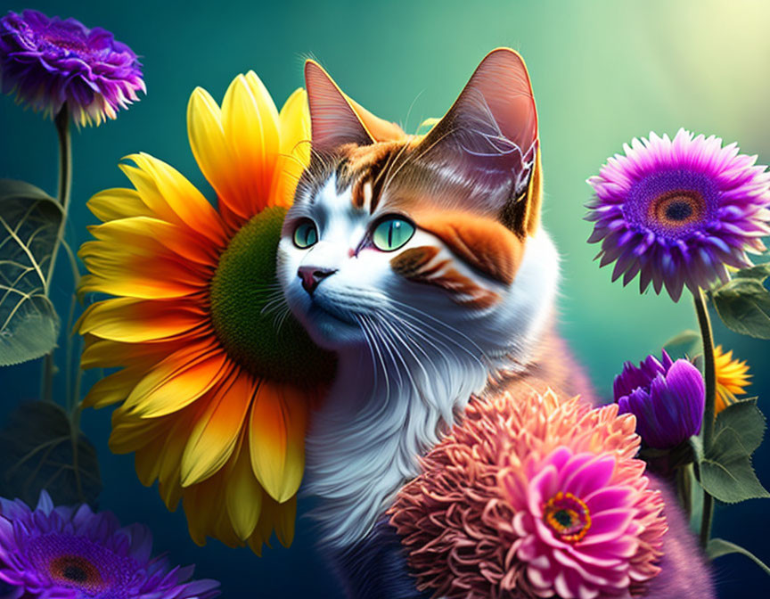 Vibrant digital artwork: Cat with green eyes in sunflower field