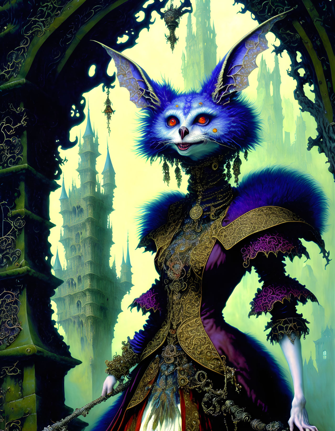 Colorful anthropomorphic fox in regal attire by gothic castle.