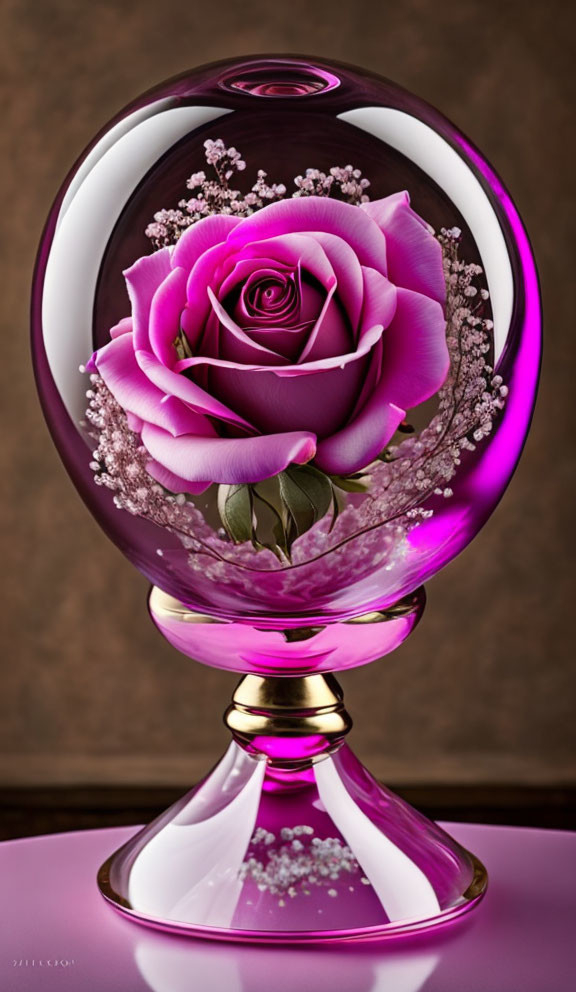 Purple Rose in Glass Orb with Baby's Breath on Glass Pedestal