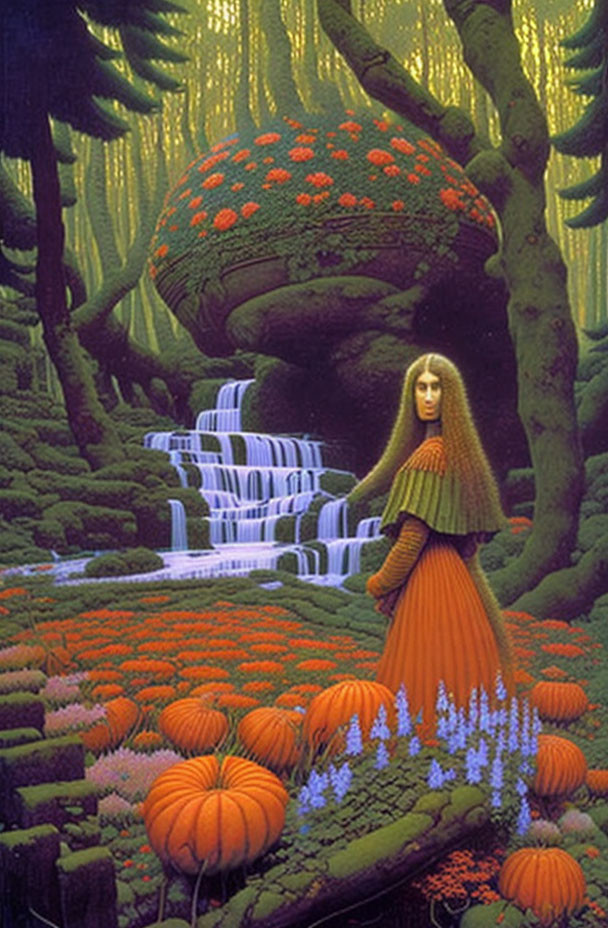 Woman in orange and green in mystical forest with pumpkins, waterfall, and mushroom canopy