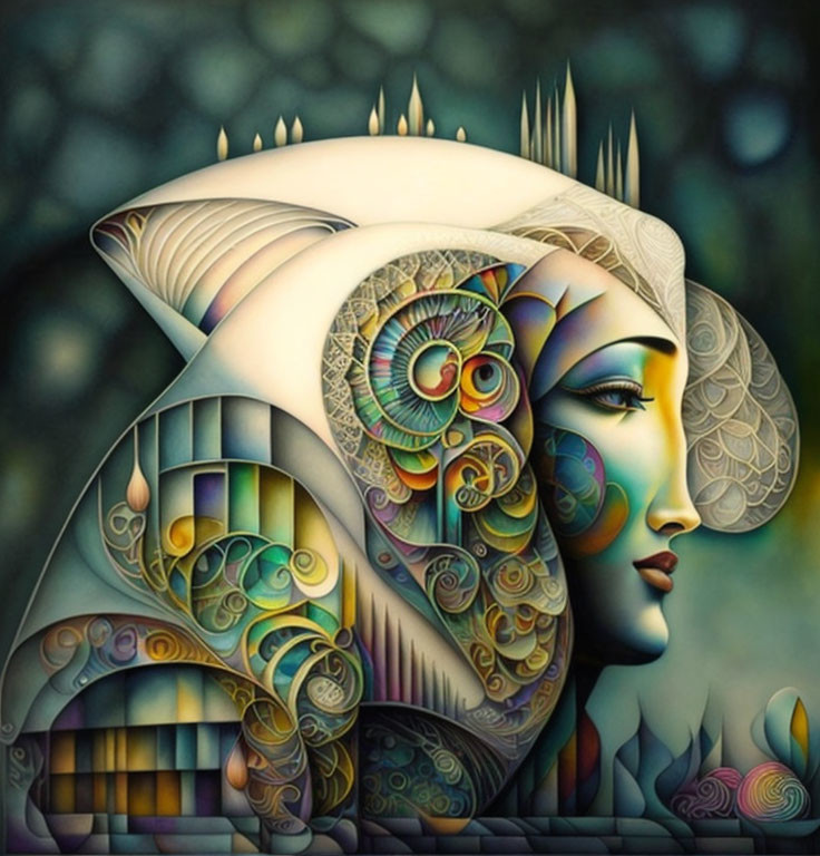 Colorful surreal artwork: stylized female profile with intricate patterns blending nature and architecture.