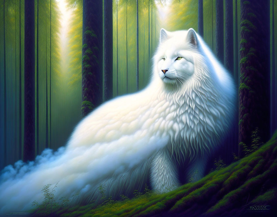 White Feline Creature in Serene Forest with Beams of Light