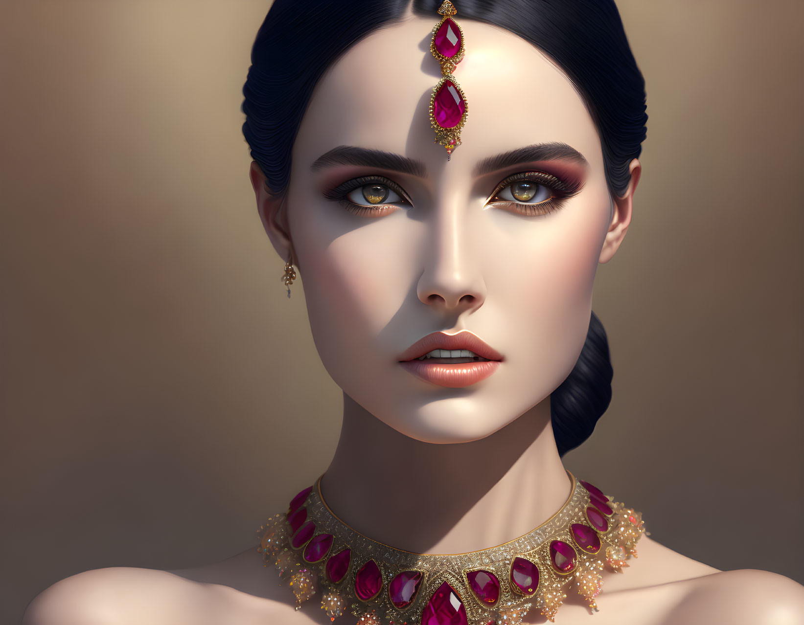 Woman with Striking Makeup and Ruby & Gold Jewelry