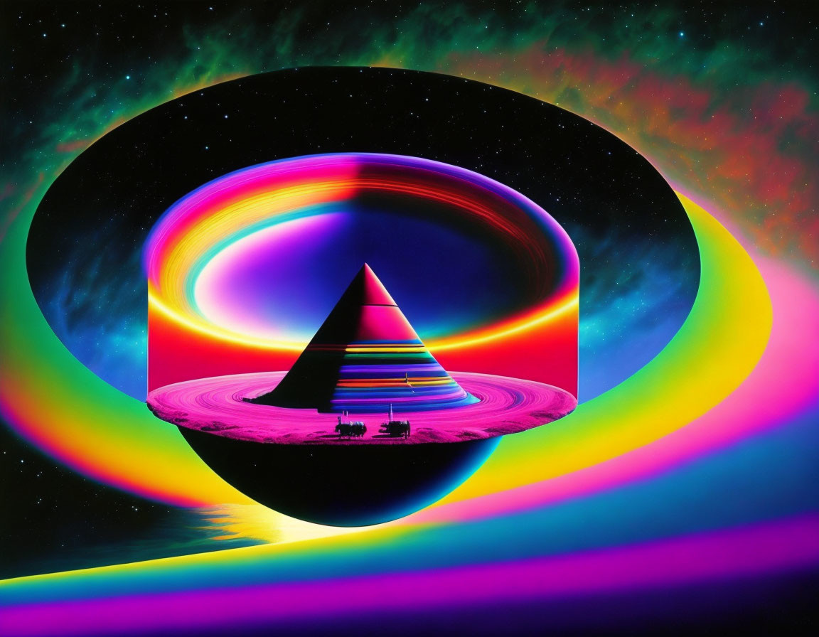 Abstract neon rainbow pyramid on cosmic background