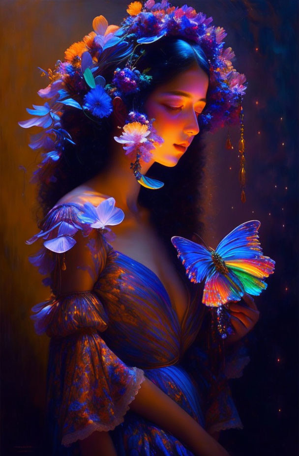 Woman with floral headdress and butterfly in blue and golden light.