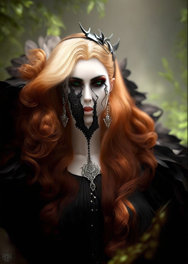 Fantasy portrait of woman with pale skin, red eyes, auburn hair, feathered shoulders