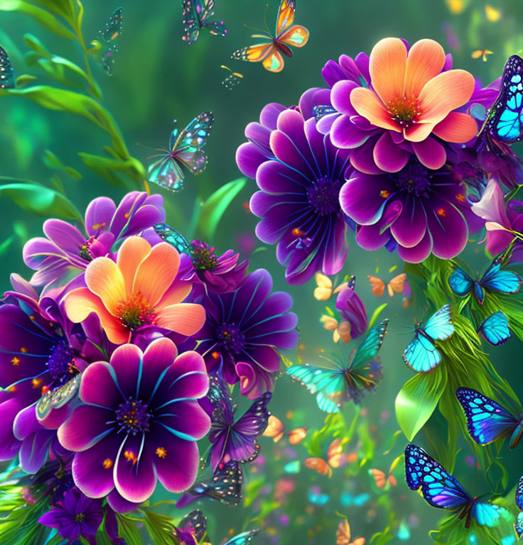 Colorful Flowers and Butterflies in Green Foliage