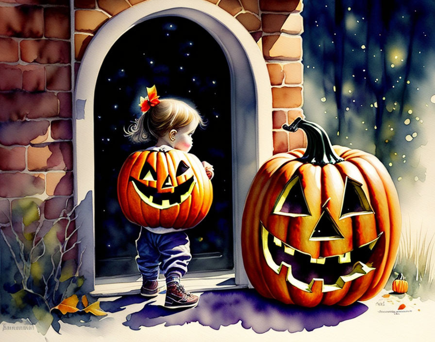 Young girl looking out window at night with jack-o'-lantern, autumn leaves, and starry