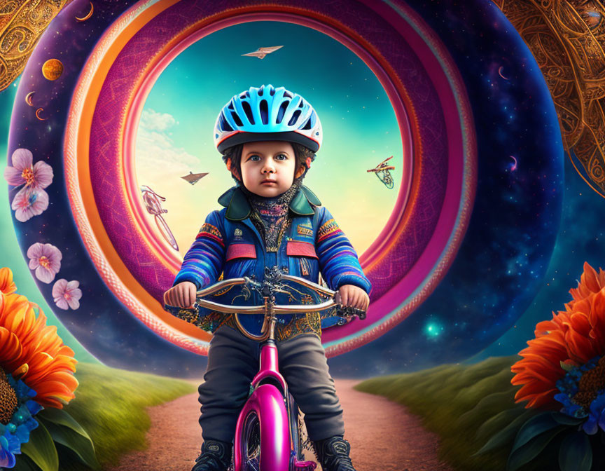 Child on Pink Bicycle with Helmet Near Whimsical Circular Portal