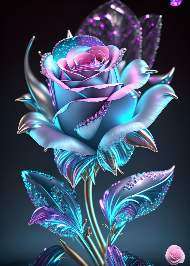 Metallic rose with blue and pink gradient, glitter, and butterfly-winged leaves on dark background