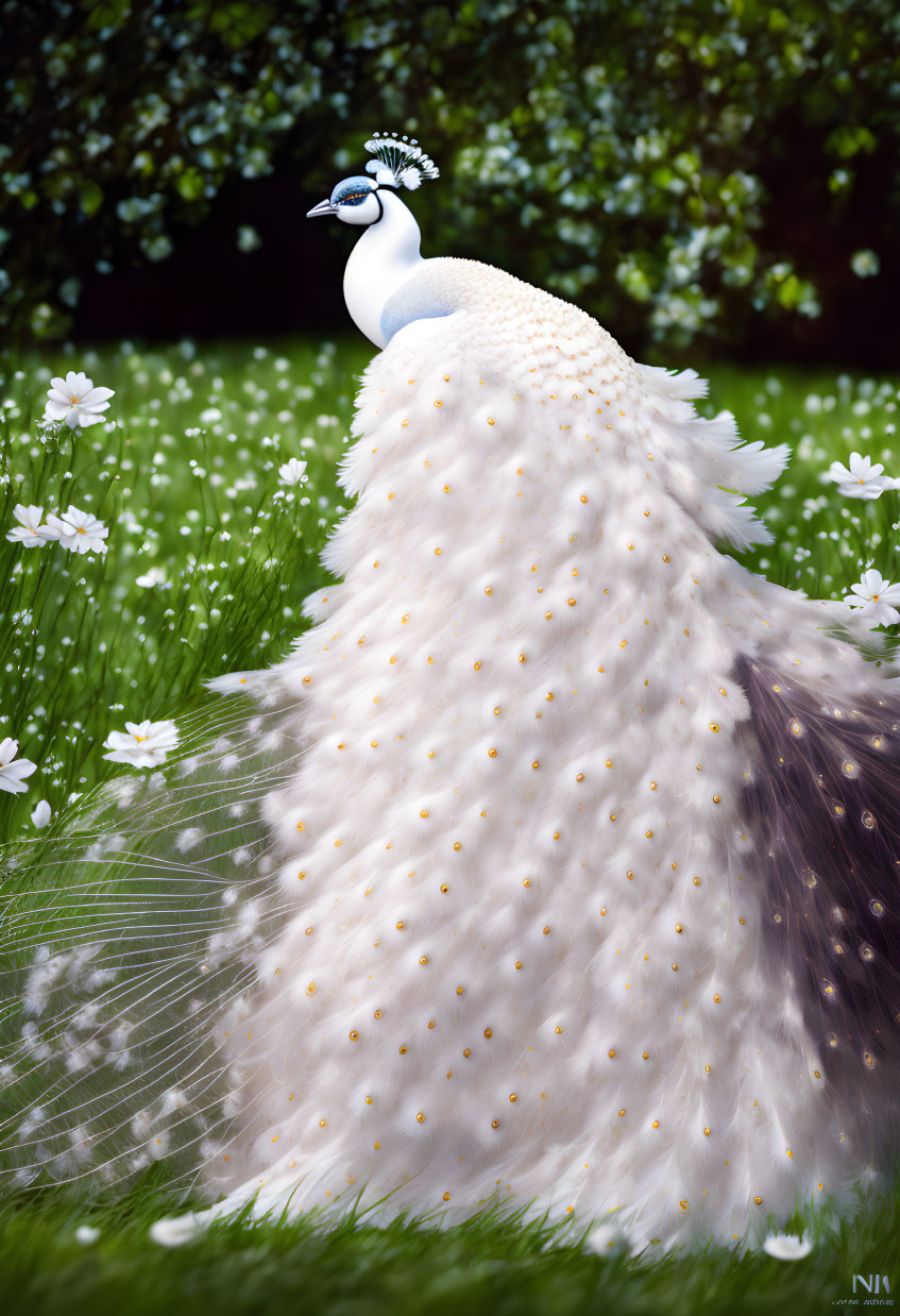 White Peacock with Gold-Flecked Tail Among White Flowers on Green Background