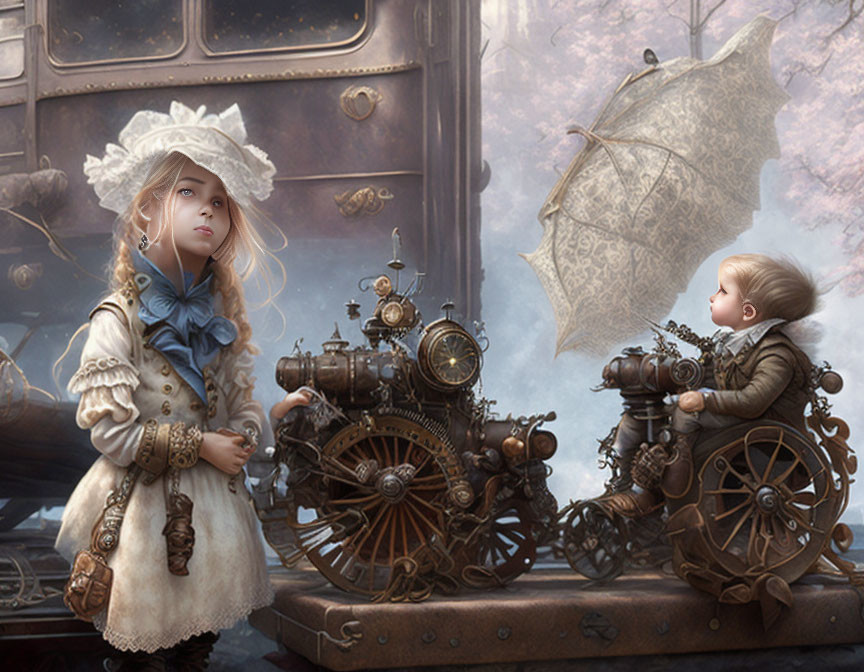 Young girl and baby in steampunk forest scene.