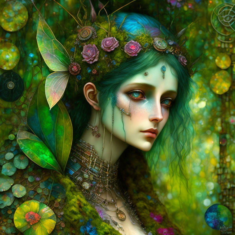 Fantastical female figure with green skin and nature-inspired adornments.