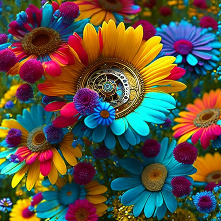 Vibrant gerbera flowers with golden mechanical gear centerpiece