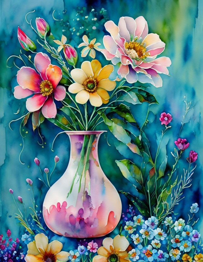 Colorful floral watercolor painting with pink, yellow, and blue flowers in a pinkish-white vase