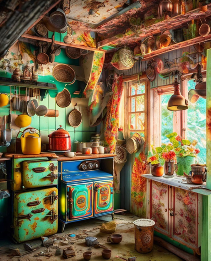 Colorful Vintage Kitchen with Teal Stove and Hanging Pots