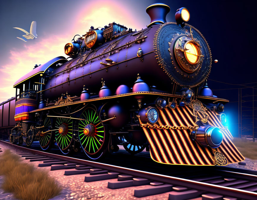 Colorful steampunk-style train against dusky sky.