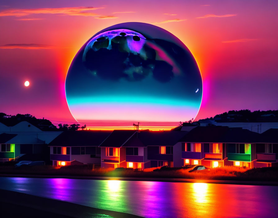 Colorful sunset over coastal housing area with surreal sphere in sky