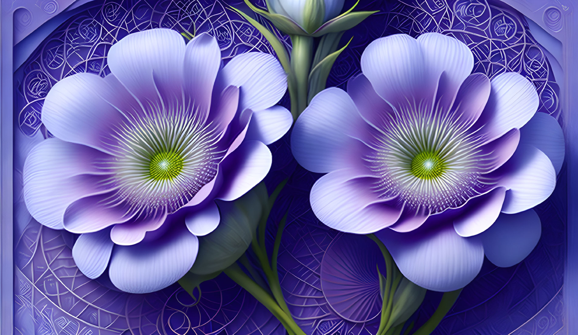 Stylized purple flowers on green stems against blue geometric background