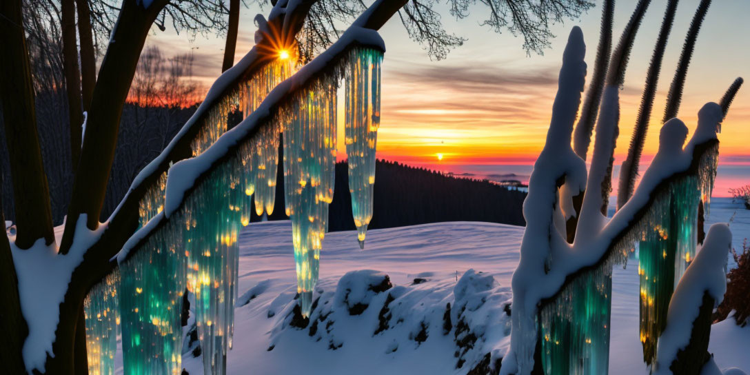 Winter sunset through icicles on wooden fence with snow-covered landscape.