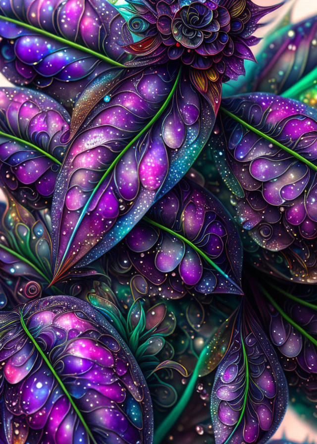 Colorful Abstract Digital Art with Leaf Motif in Purple, Blue, and Green